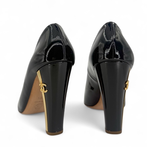 CHANEL Black Patent Leather Gold CC Logo Open Square Toe Pumps Size EU40… - Picture 9 of 15
